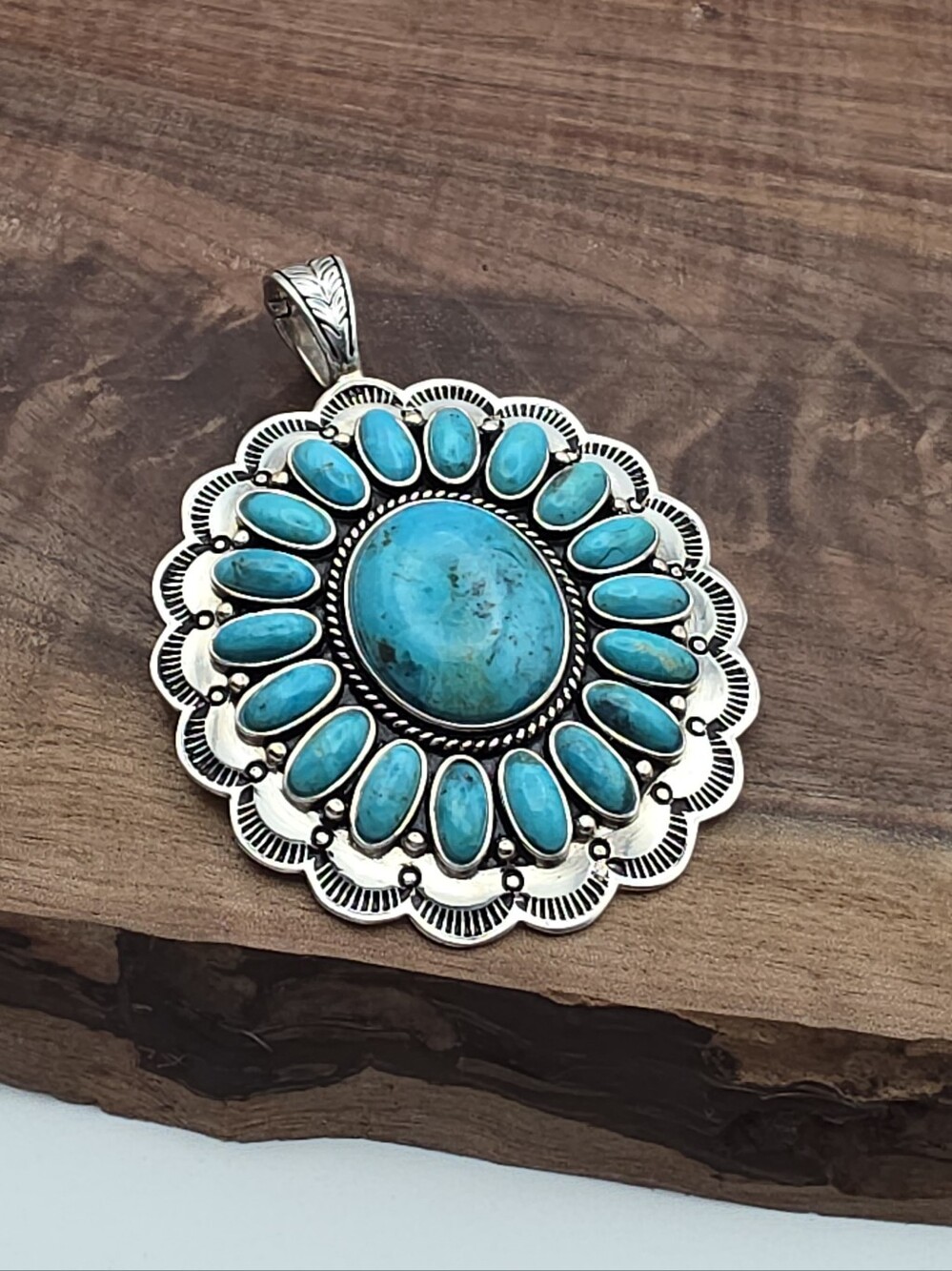 Vtg Cluster Blue Kingman Turquoise Sterling 925 Statement Enhancer Pendant